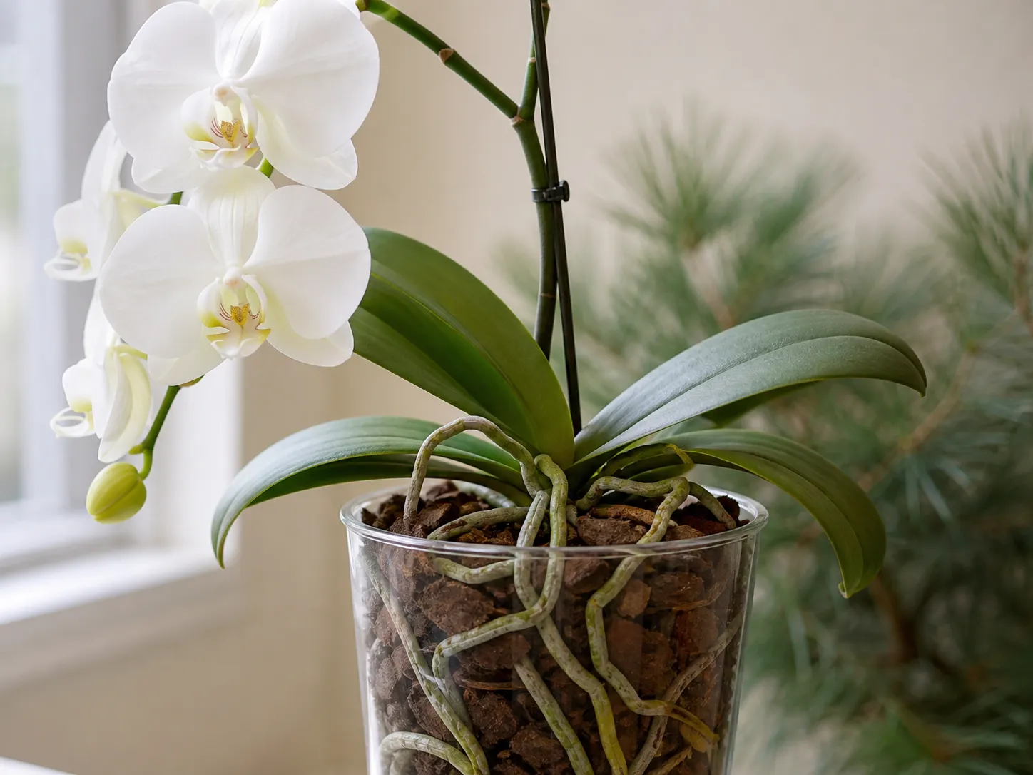 Orchidée cultivée dans un substrat d’écorce